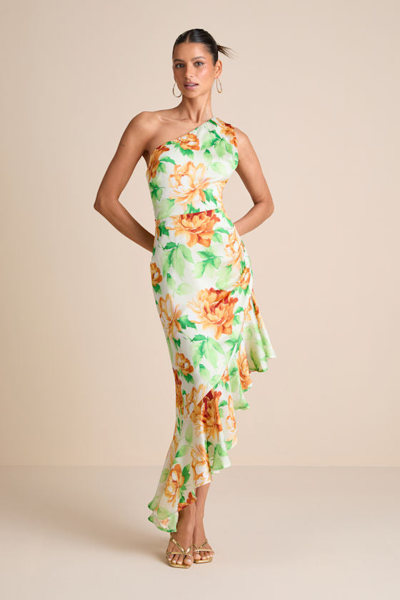 Divinely Blooming Pink Multi Floral One-Shoulder Midi Dress