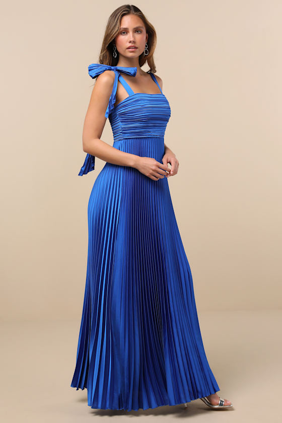 Gorgeous Purpose Navy Floral Pleated Sleeveless Bow Maxi Dress