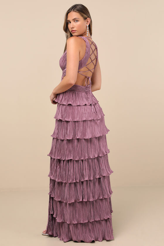 Beauty Icon Dark Teal Satin Pleated Tiered Lace-Up Maxi Dress