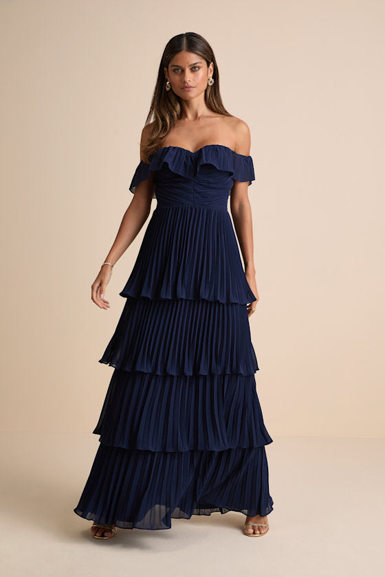 Always Remarkable Emerald Pleated Off-the-Shoulder Maxi Dress