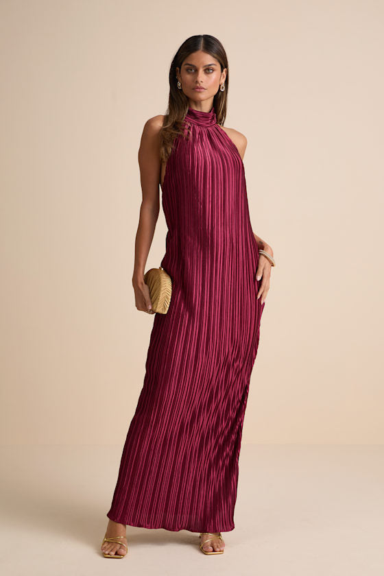 Gwenny Aqua Blue Satin Plisse Maxi Dress