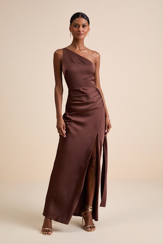 Signature Elegance Slate Blue Satin One-Shoulder Maxi Dress
