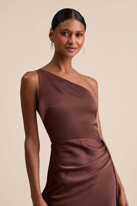 Signature Elegance Slate Blue Satin One-Shoulder Maxi Dress