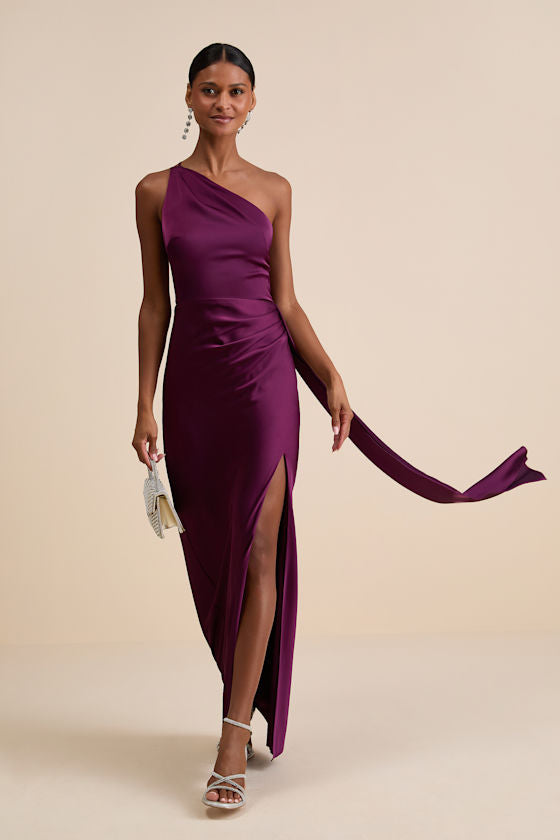 Signature Elegance Rose Satin One-Shoulder Maxi Dress