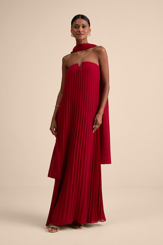 Lael White Floral Pleated Strapless Dress and Scarf Set