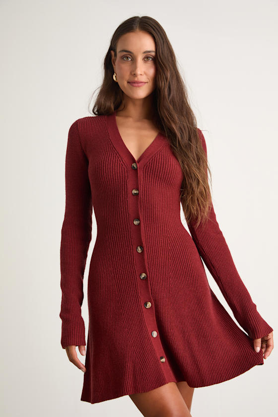 Adorably Flirty Mauve Pink Button-Front Sweater Mini Dress