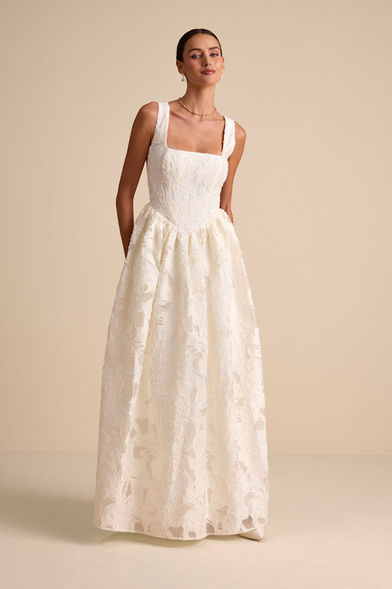 Corsen Ivory Floral Jacquard Corset A-Line Maxi Dress