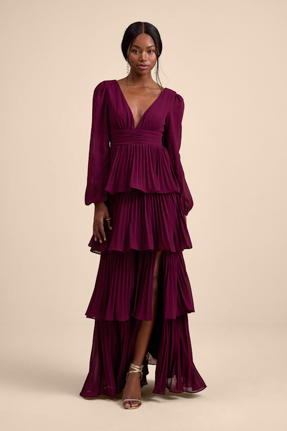 Graceful Finesse Dusty Rose Pleated Long Sleeve Maxi Dress