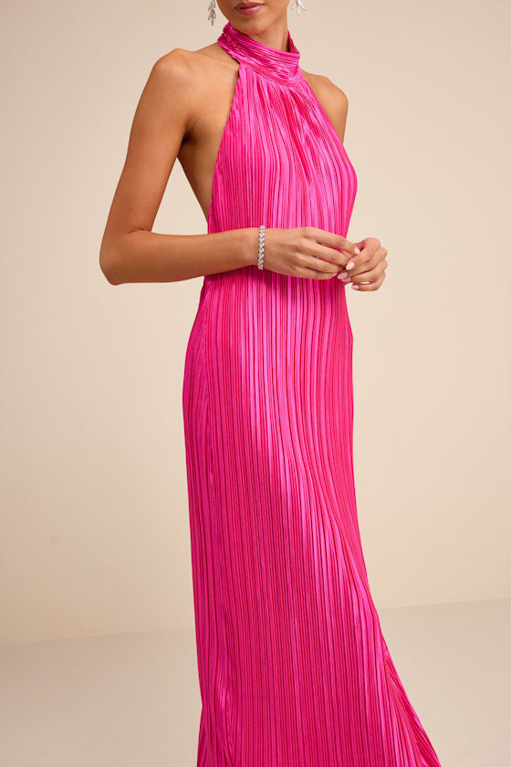 Gwenny Golden Yellow Satin Plisse Maxi Dress