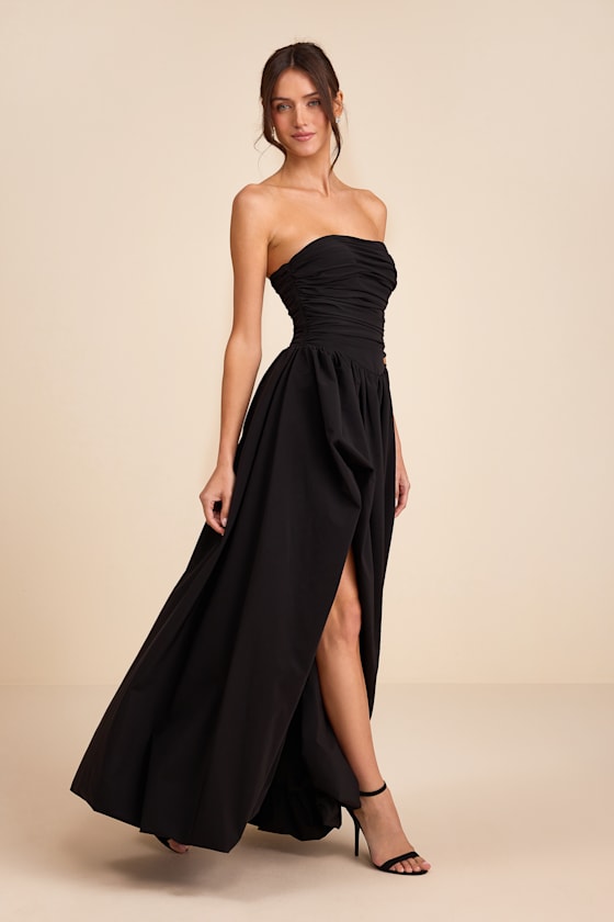 Marilou Light Yellow Strapless Ruched Lace-Up Maxi Dress