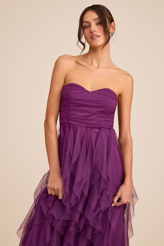 Delightful Beauty Pink Mesh Strapless Ruched Ruffled Maxi Dress
