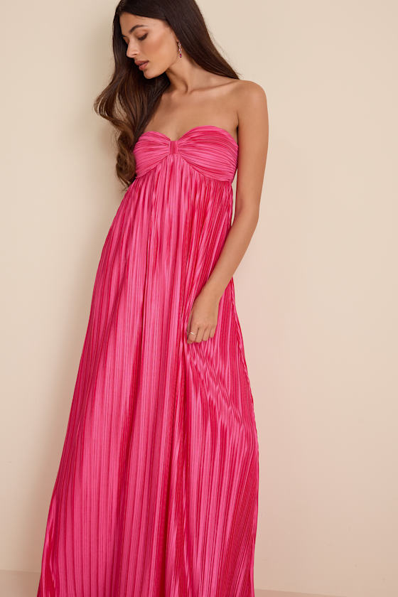 Whimsical Beauty Dark Purple Satin Plisse Strapless Maxi Dress