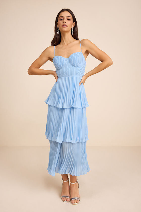 Cascading Crush Blush Pink Tiered Bustier Midi Dress