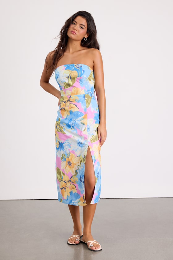 Bold Tendencies Fuchsia Floral Strapless Cutout Midi Dress
