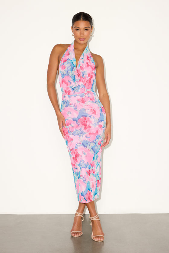 Venus Yellow and Pink Floral Mesh Backless Midi Dress