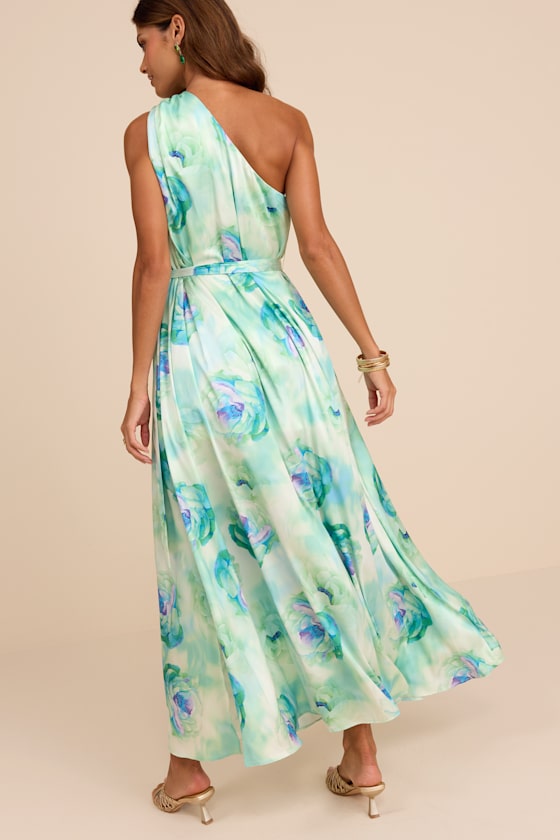 Goddess Aura Orange Multi Floral Satin One-Shoulder Maxi Dress