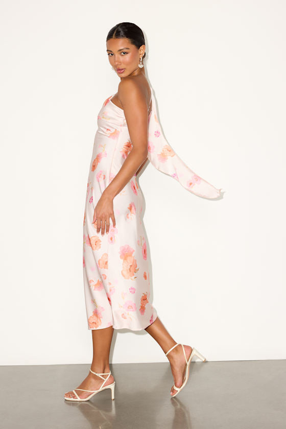 Naima Rust Red Satin One-Shoulder Midi Dress
