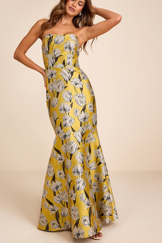 Gowning Around Slate Blue Floral Jacquard Strapless Maxi Dress