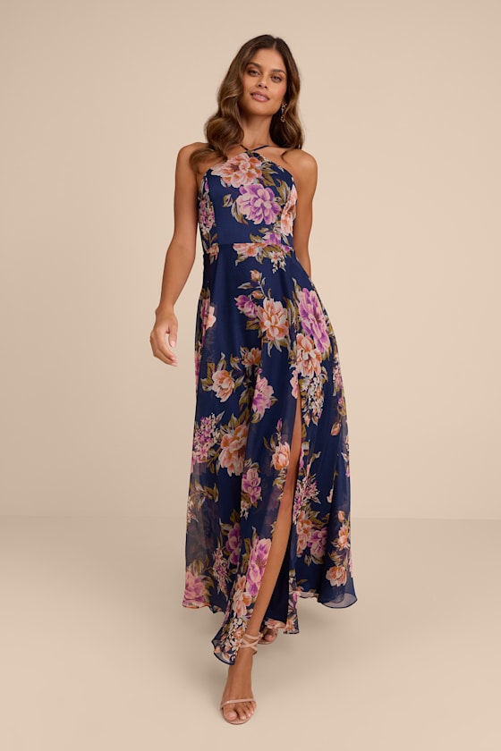 Romantic Marvel Light Pink Floral Print Halter Neck Maxi Dress