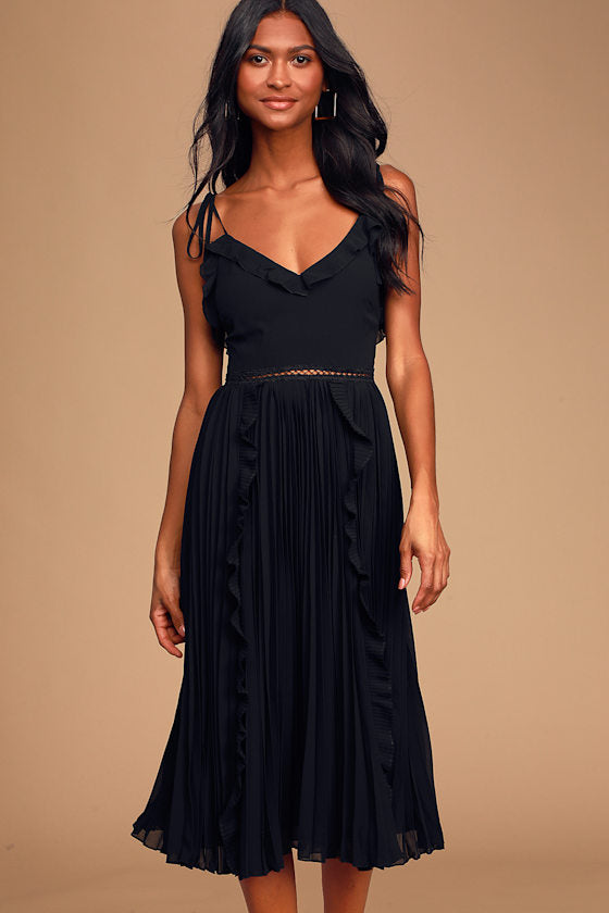 Never a Dull Moment White Tie-Strap Pleated Midi Dress