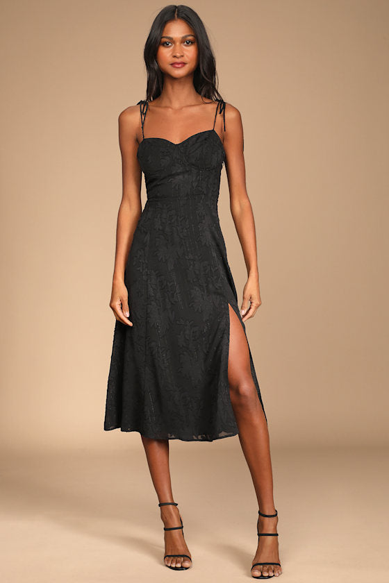 Loveliest Looks Dusty Blue Floral Jacquard Tie-Strap Midi Dress