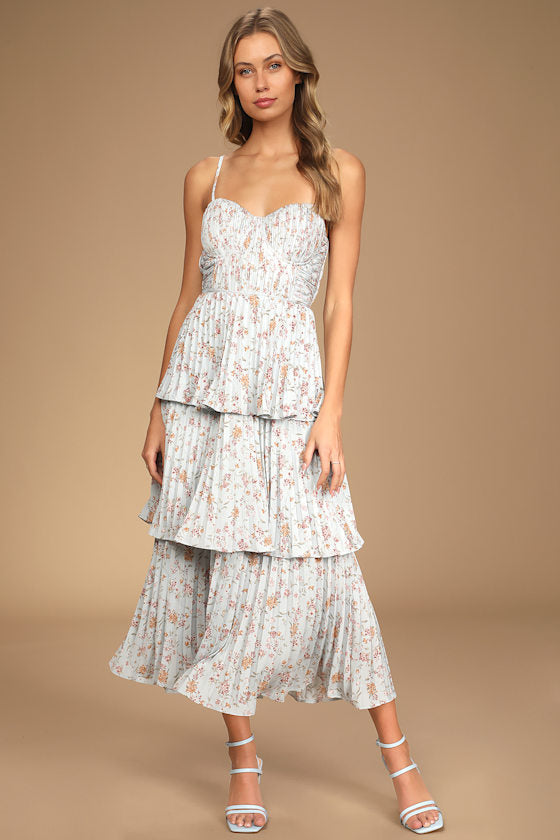 Cascading Crush Blush Pink Tiered Bustier Midi Dress