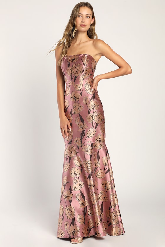 Gowning Around Yellow Floral Jacquard Strapless Maxi Dress