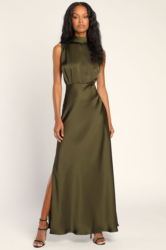 Classic Elegance Wine Satin Maxi Dress