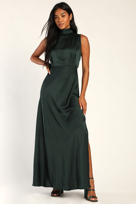 Classic Elegance Navy Satin Sleeveless Mock Neck Maxi Dress