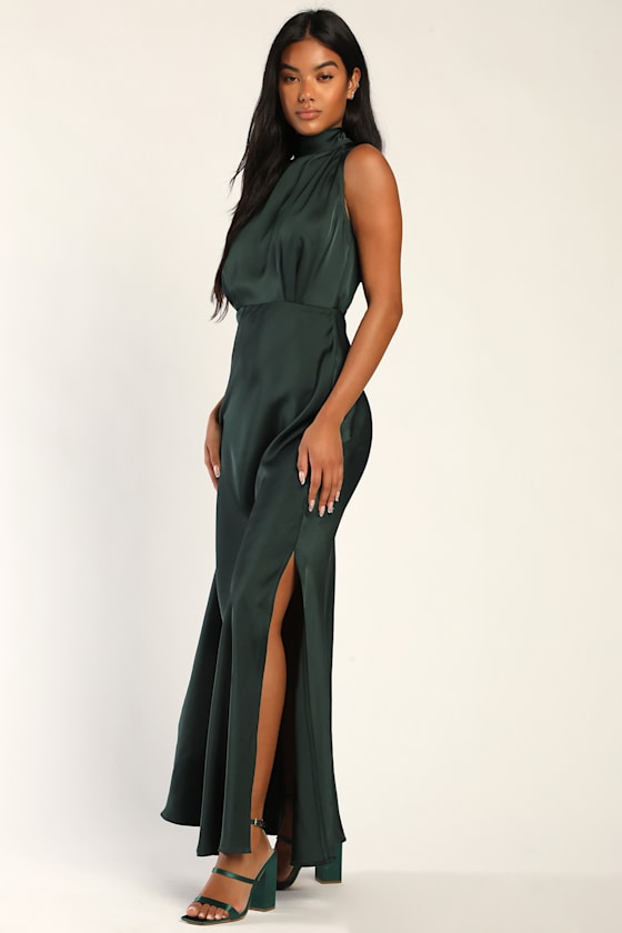 Classic Elegance Olive Satin Sleeveless Mock Neck Maxi Dress