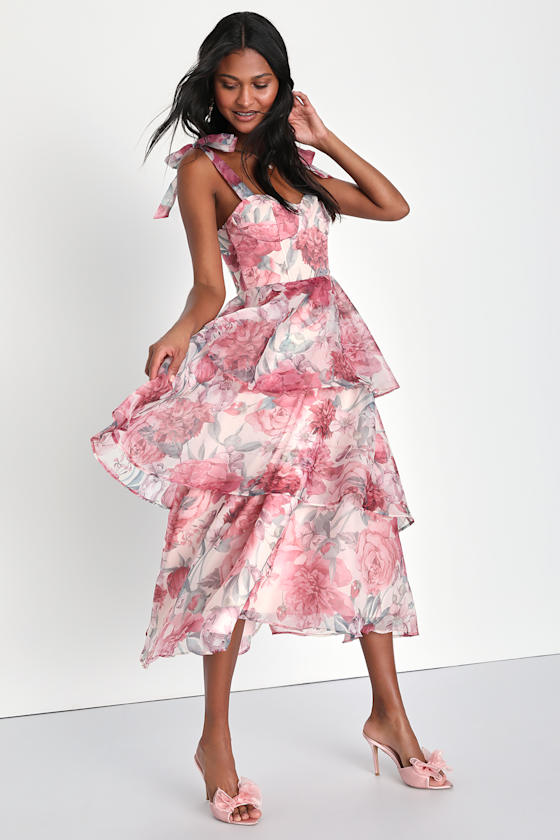 Playfully Posh Blush Floral Organza Tie-Strap Tiered Midi Dress #Color_Blush Floral