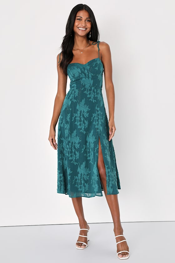 Loveliest Looks Emerald Green Jacquard Tie-Strap Midi Dress #Color_Emerald Green