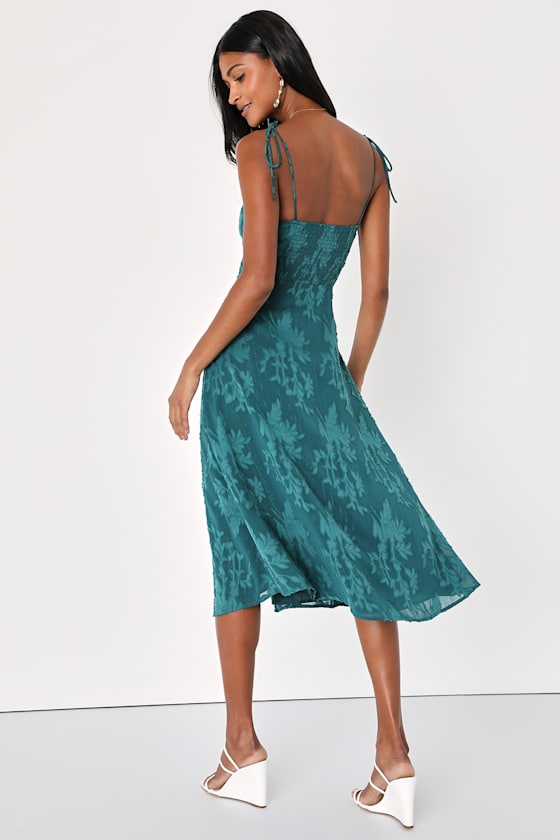 Loveliest Looks Dusty Blue Floral Jacquard Tie-Strap Midi Dress