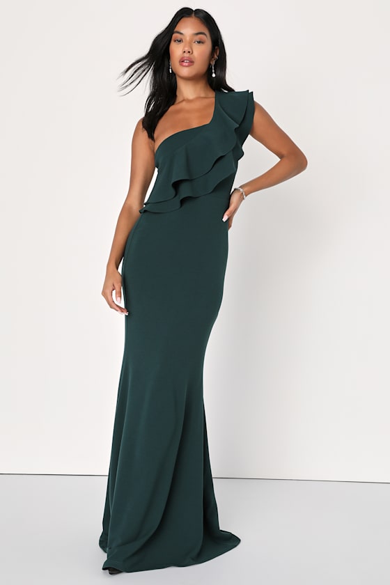 Grand Beauty Emerald Ruffled One-Shoulder Mermaid Maxi Dress #Color_Emerald