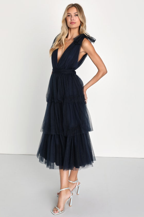 Flawless Arrival Navy Blue Tulle Tie-Strap Tiered Maxi Dress #Color_Navy Blue
