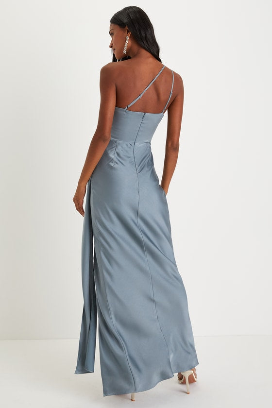 Signature Elegance Olive Green Satin One-Shoulder Maxi Dress