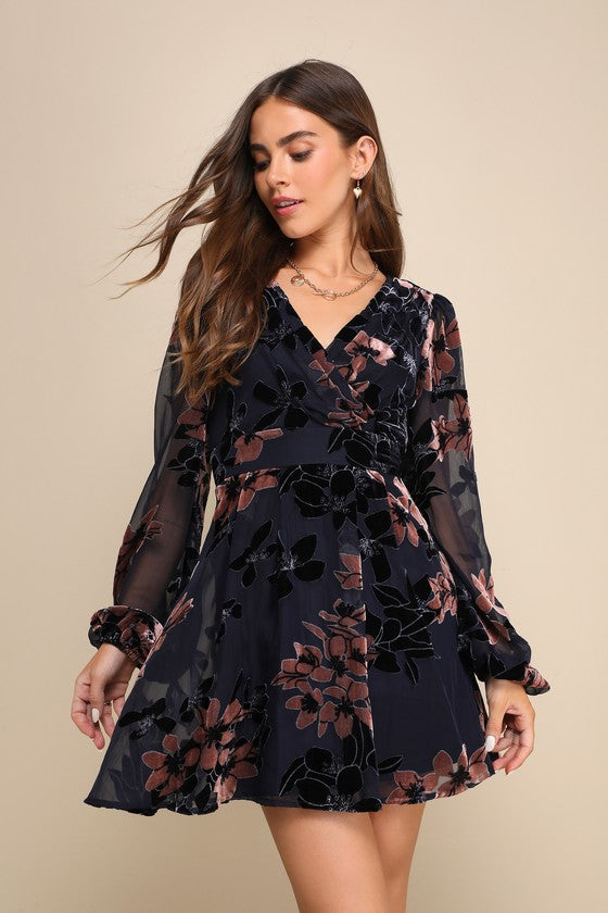 Stunning Feeling Navy Blue Velvet Floral Burnout Mini Dress #Color_Navy Blue