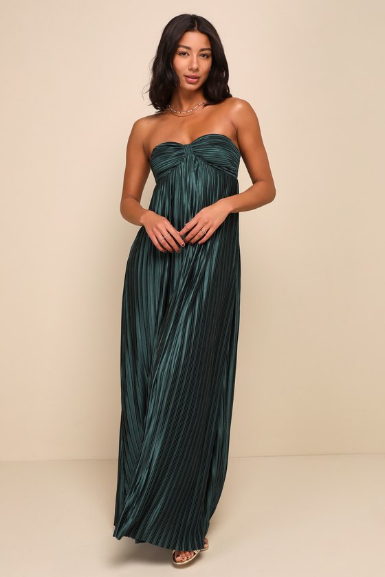 Whimsical Beauty Black Satin Plisse Strapless Maxi Dress