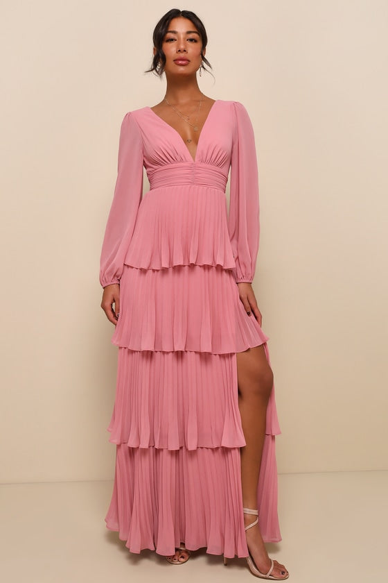 Graceful Finesse Plum Pleated Long Sleeve Maxi Dress