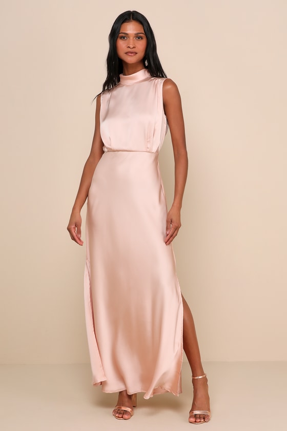 Classic Elegance Blush Satin Sleeveless Mock Neck Maxi Dress #Color_Blush