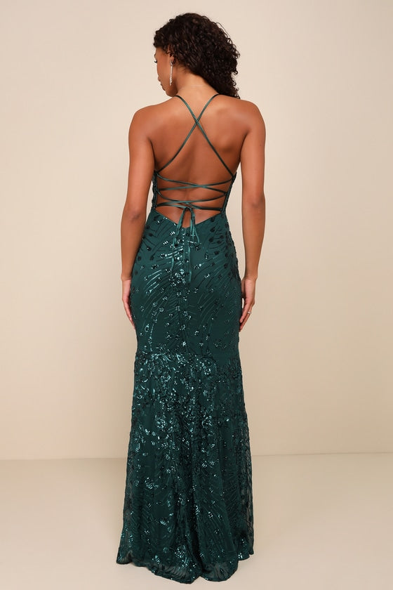 Photo Finish Forest Green Sequin Lace-Up Maxi Dress #Color_Forest Green