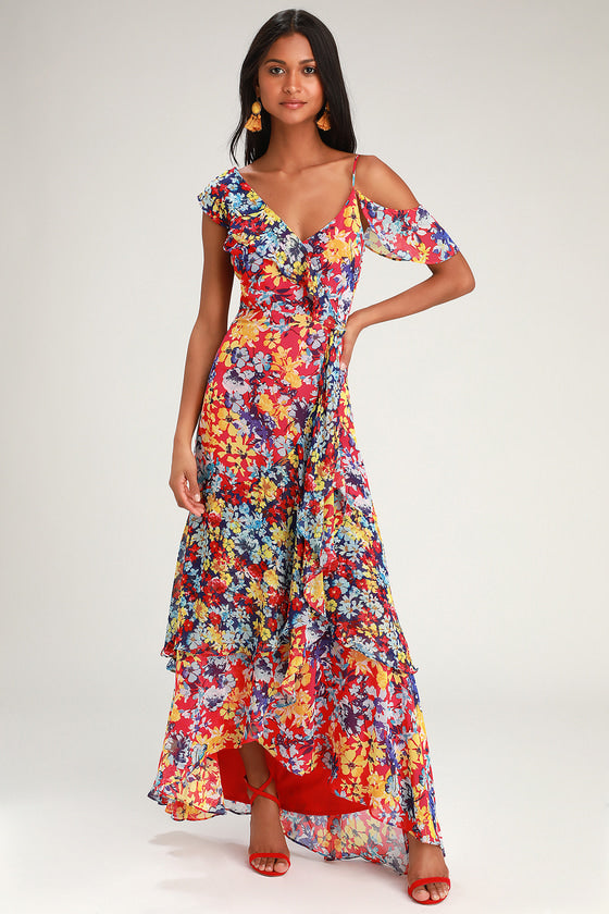 Radiant Ruby Red Floral Print Chiffon Maxi Dress #Color_Ruby Red Floral Print