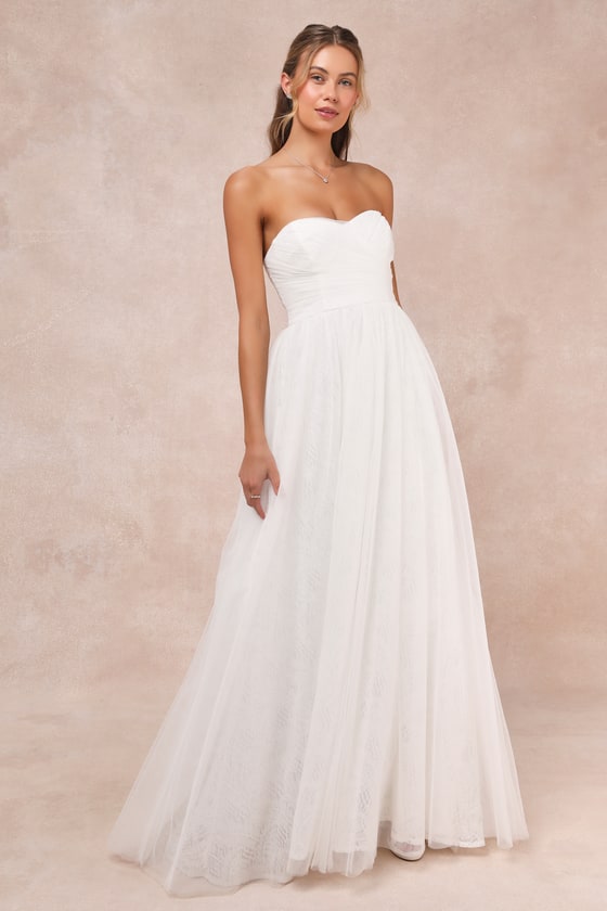 Blissful Forever White Tulle Lace Strapless Pleated Maxi Dress #Color_White