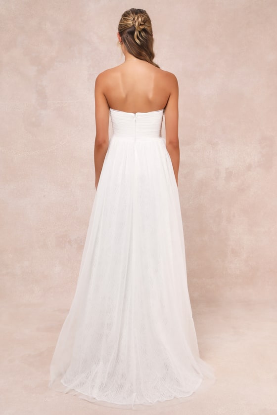 Blissful Forever White Tulle Lace Strapless Pleated Maxi Dress #Color_White