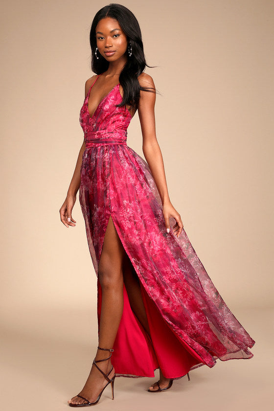 Romance That Wows Blush Floral Print Organza Maxi Dress