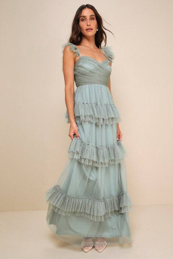 Pure Radiance Sage Brush Mesh Swiss Dot Tiered Maxi Dress #Color_Sage Brush