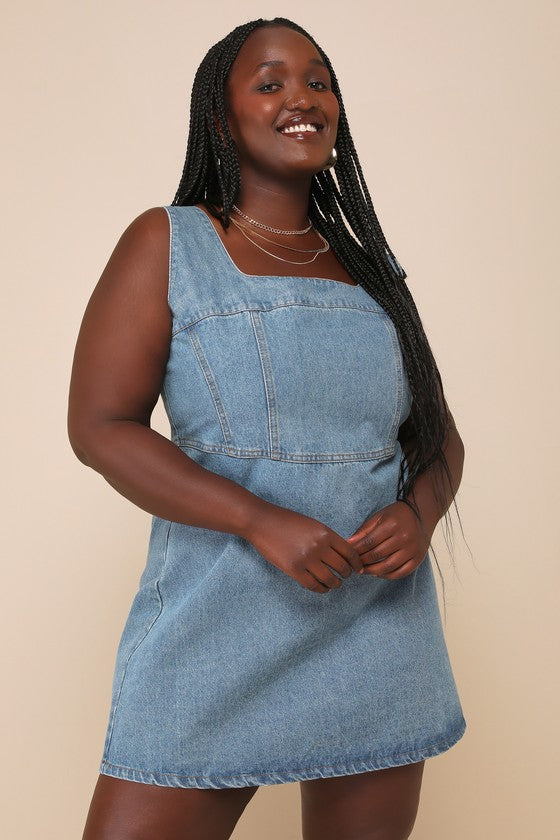 So Delighted Medium Wash Denim Corset Seam Mini Dress #Color_Medium Wash Denim