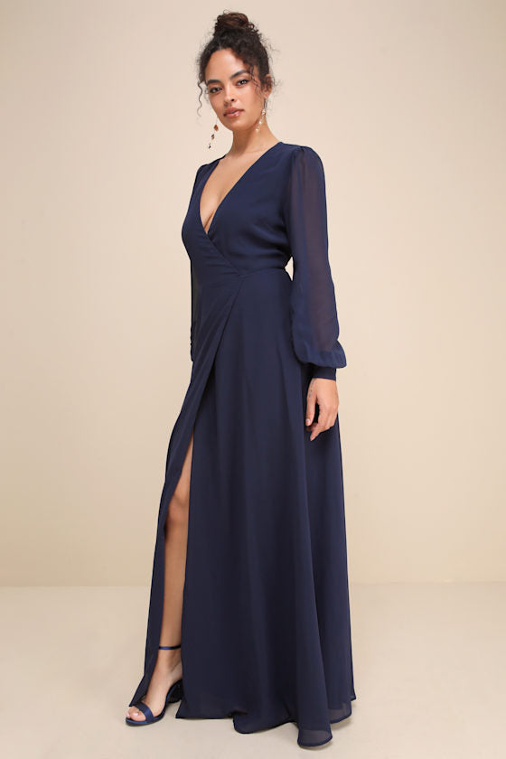 My Whole Heart Dark Navy Blue Long Sleeve Wrap Dress #Color_Dark Navy Blue