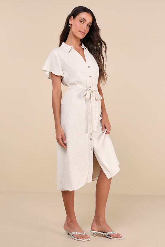 Italian Summer Beige Linen Midi Dress #Color_Beige