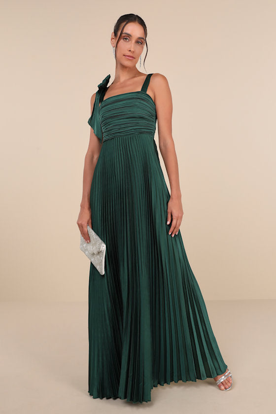 Gorgeous Purpose Red Satin Pleated Sleeveless Bow Maxi Dress